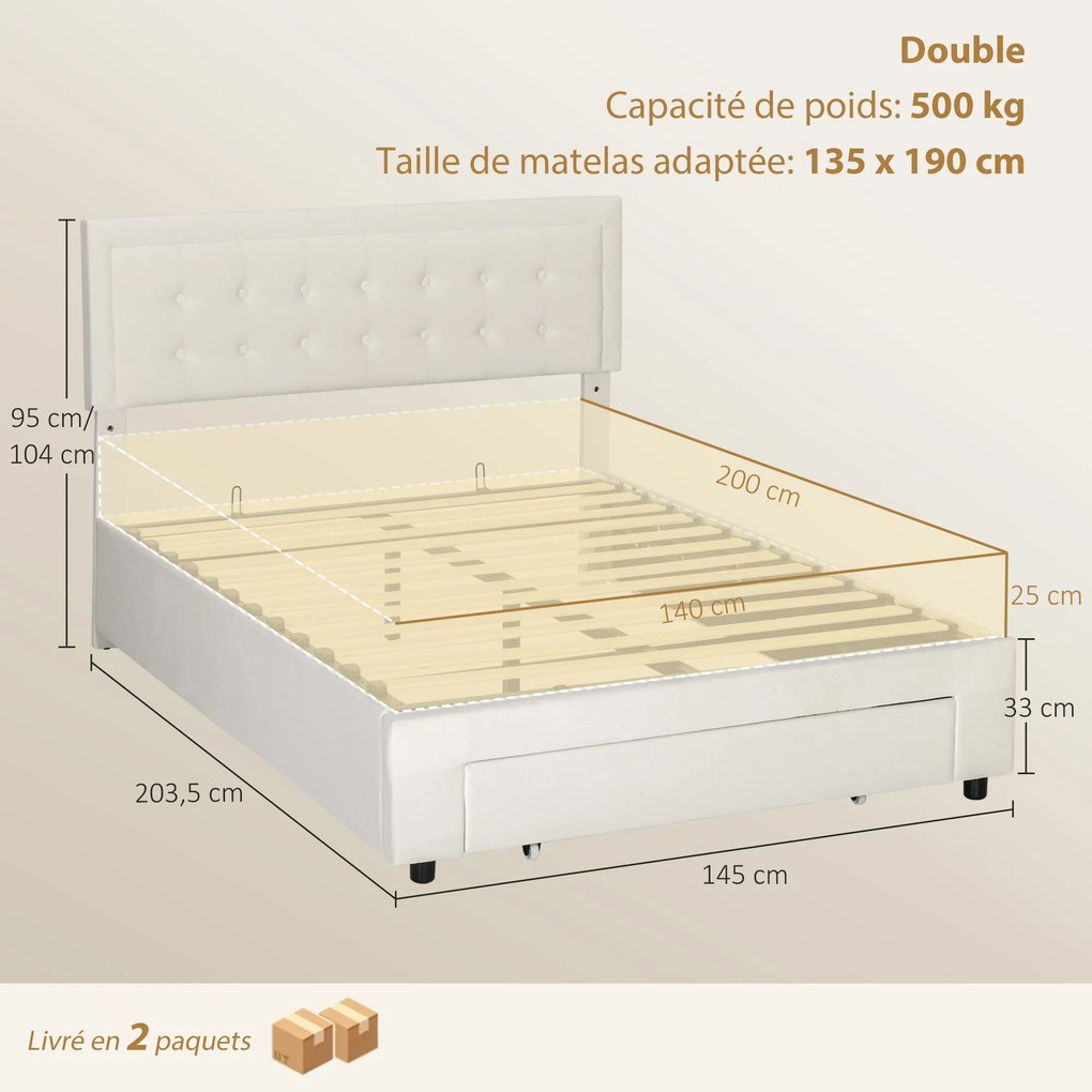 Cama de Casal com Estrado-Baú, 203,5 x 145 x 104 cm (COLCHÃO NÃO INCLUIDO), Arrumação sob a Cama, Creme