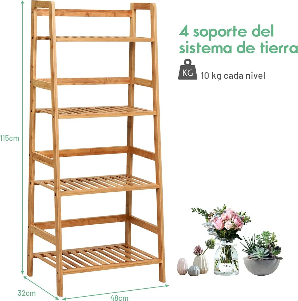 Estante Escada 'Eirik' – 4 Níveis – Bambú Natural – Organizador Multiu