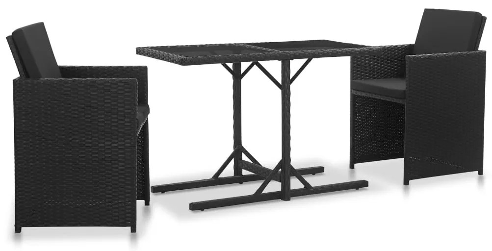 vidaXL 3 pcs conjunto jantar exterior com almofadões vime PE preto