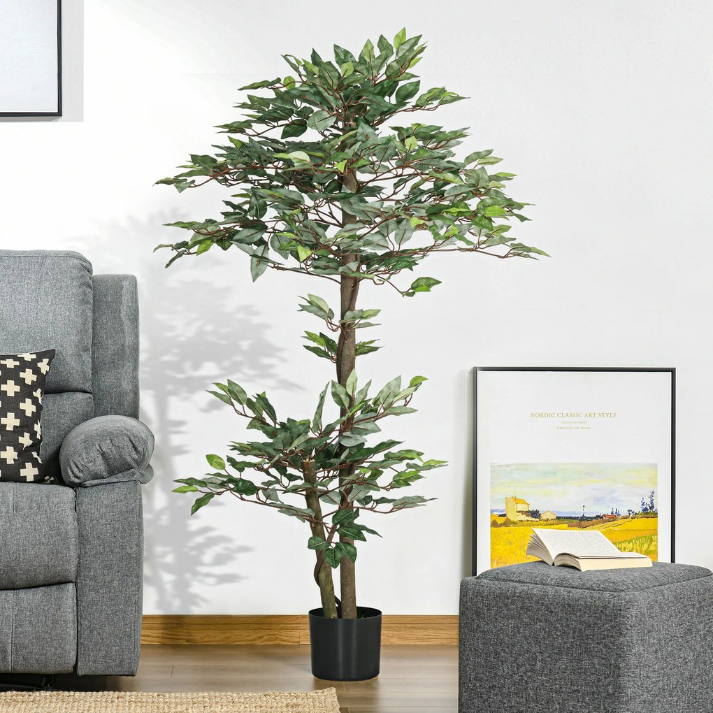 Planta Artificial Ficus 150 cm Planta Artificial com 1008 Folhas Musgo e Vaso para Exterior Casa Sala de Estar Escritório Verde