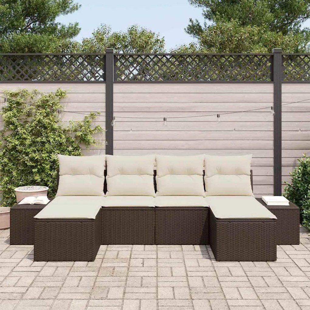 Conjunto de sofá de jardim de 6 peças com almofadas marrons em rattan