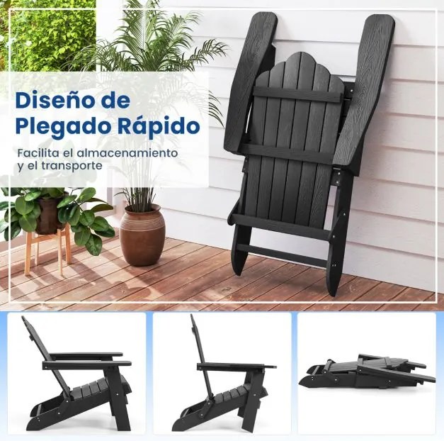 Cadeira Adirondack Jardim HIPS com braços largos e encosto inclinado para relvados exteriores jardim Preta
