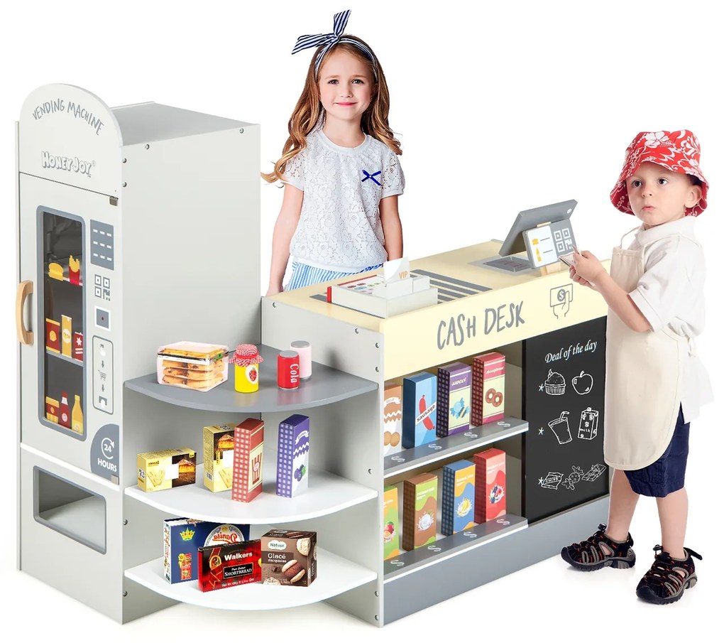 Conjunto de supermercado infantil com caixa registradora e quadro negro para escrever - branco