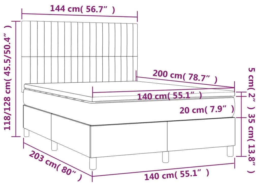 Cama box spring colchão/LED 140x200 cm tecido cinza-acastanhado