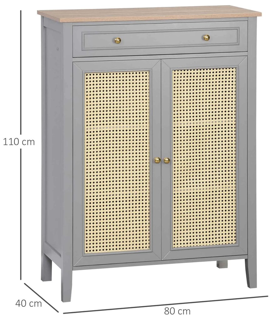 HOMCOM Sapateira para 9 Pares de Sapatos Armário para Sapatos com 2 Portas de Vime e Gaveta Estilo Cannage para Corredor Entrada 80x40x110cm Cinza
