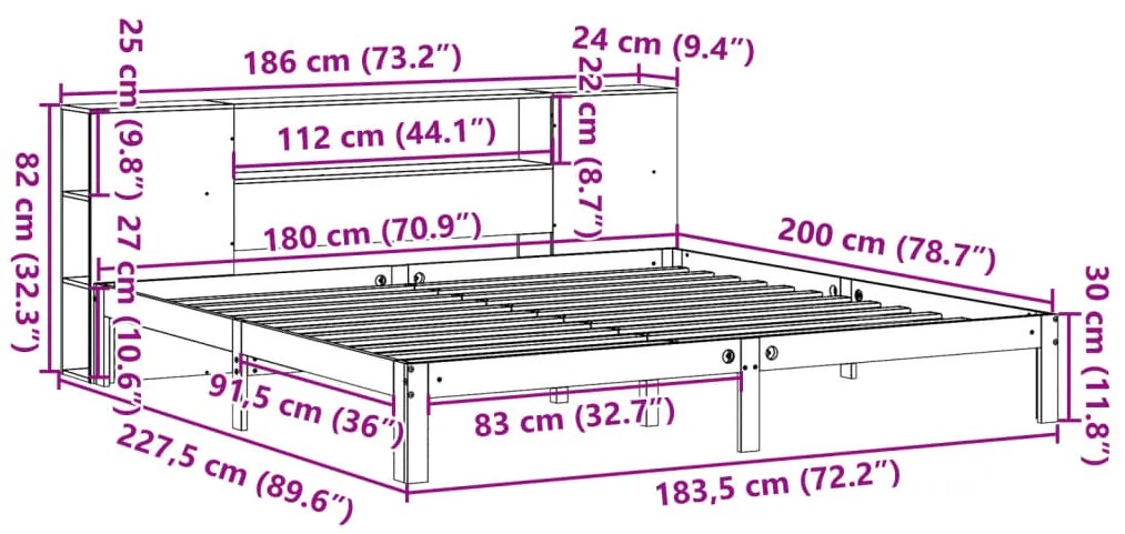 Cama com estante sem colchão 180x200 cm pinho maciço branco