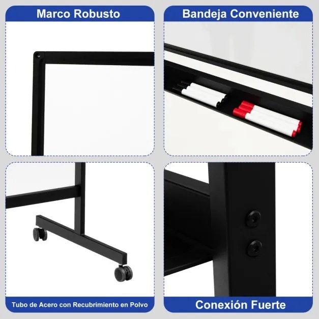 Quadro branco magnético de dupla face móvel Quadro de apagar a seco ajustável com 6 marcadores Apagador para escritório Escola 120 x 60 cm Preto