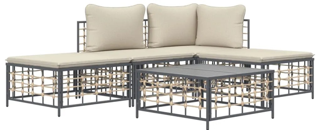 5 pcs conjunto lounge de jardim c/ almofadões vime PE antracite