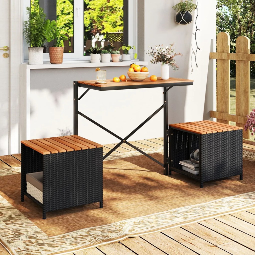 Banco Conversível para Exterior 2 em 1: Mesa de Piquenique e Sofá de 2 Lugares, Estrutura Metálica, Rattan de PE, Dobrável, para Pátios, Preto e casta