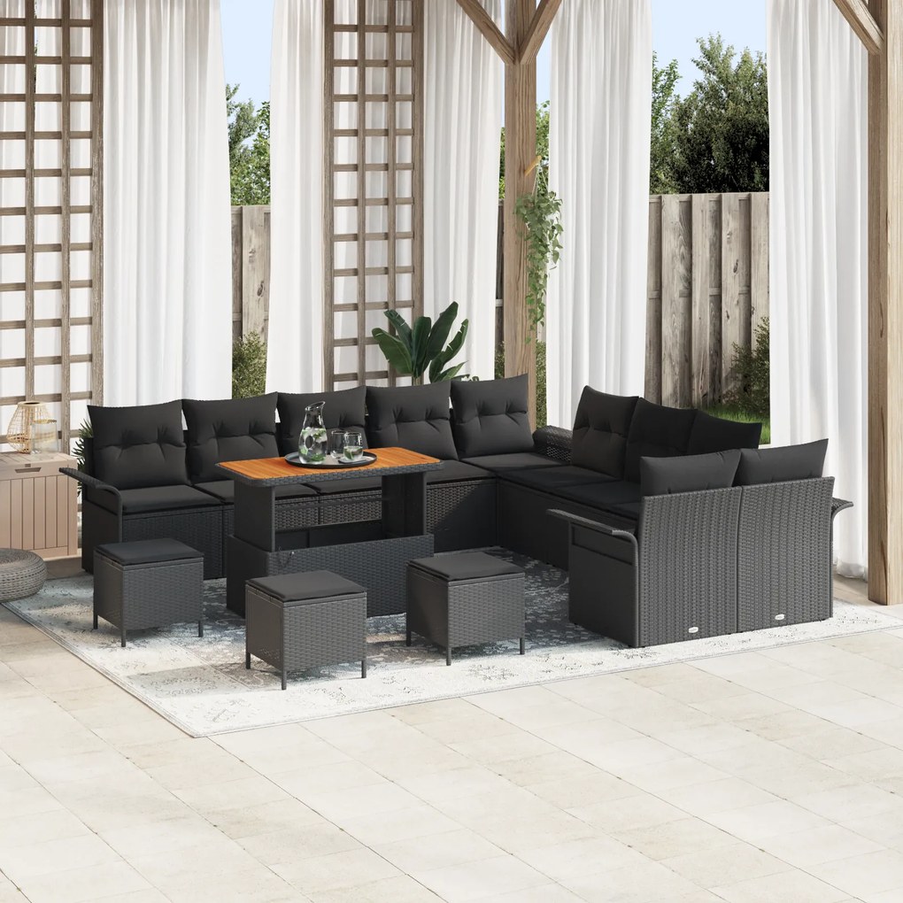 Conjunto de Sofá de Jardim vidaXL de 14 Peças com Almofadas Preto Ratt