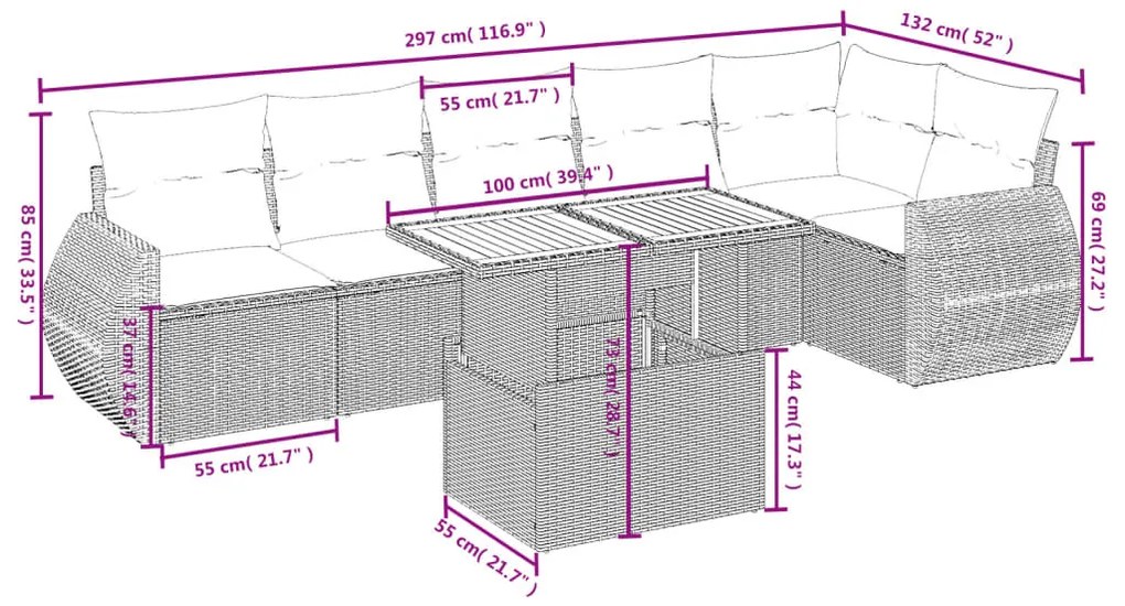 7 pcs conjunto de sofás p/ jardim c/ almofadões vime PE preto