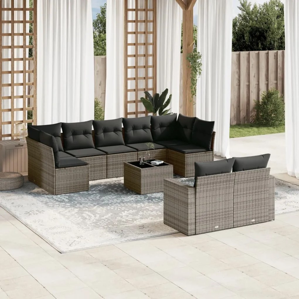 vidaXL 10 pcs conjunto sofás de jardim c/ almofadões vime PE cinzento