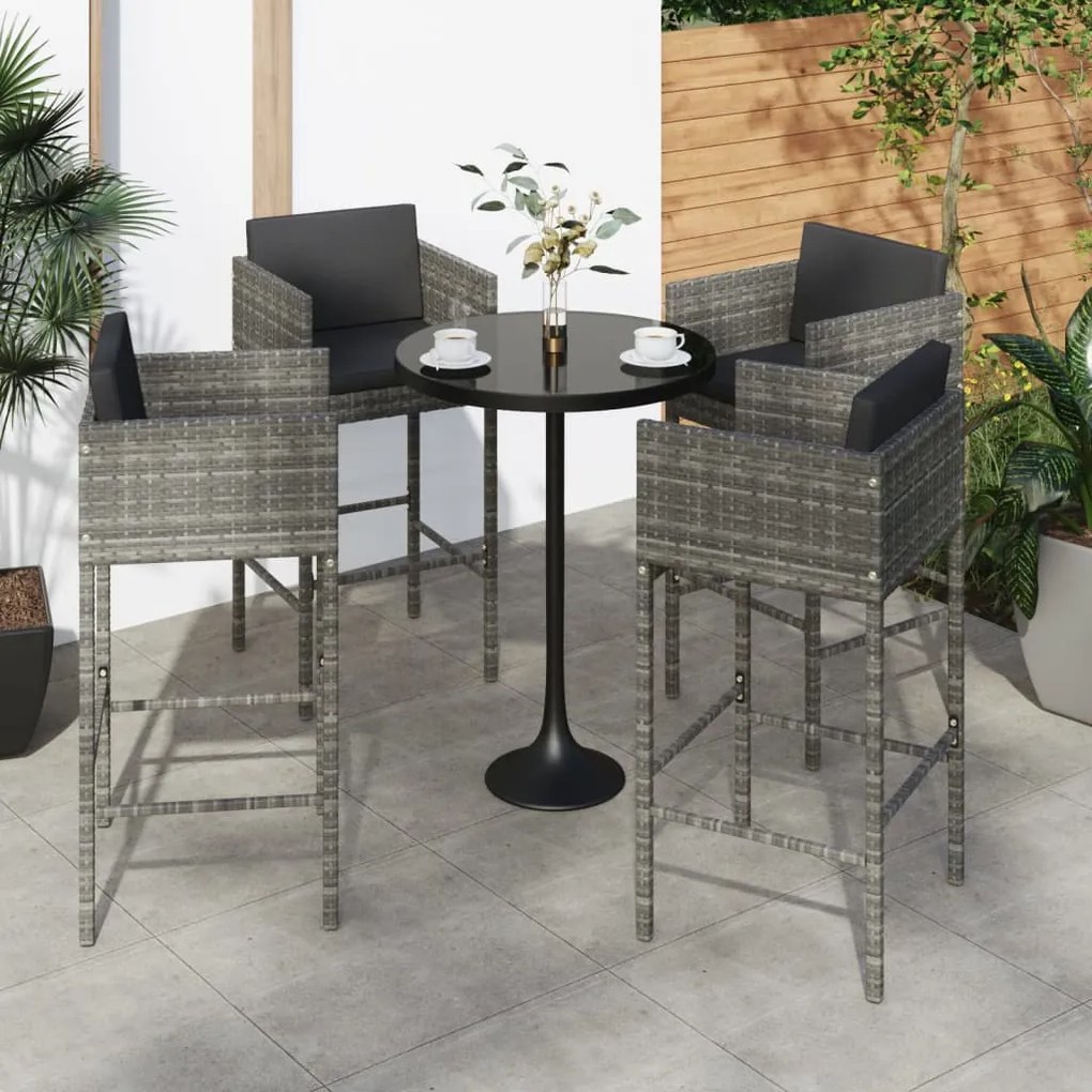vidaXL Bancos de bar com almofadões 4 pcs vime PE cinzento