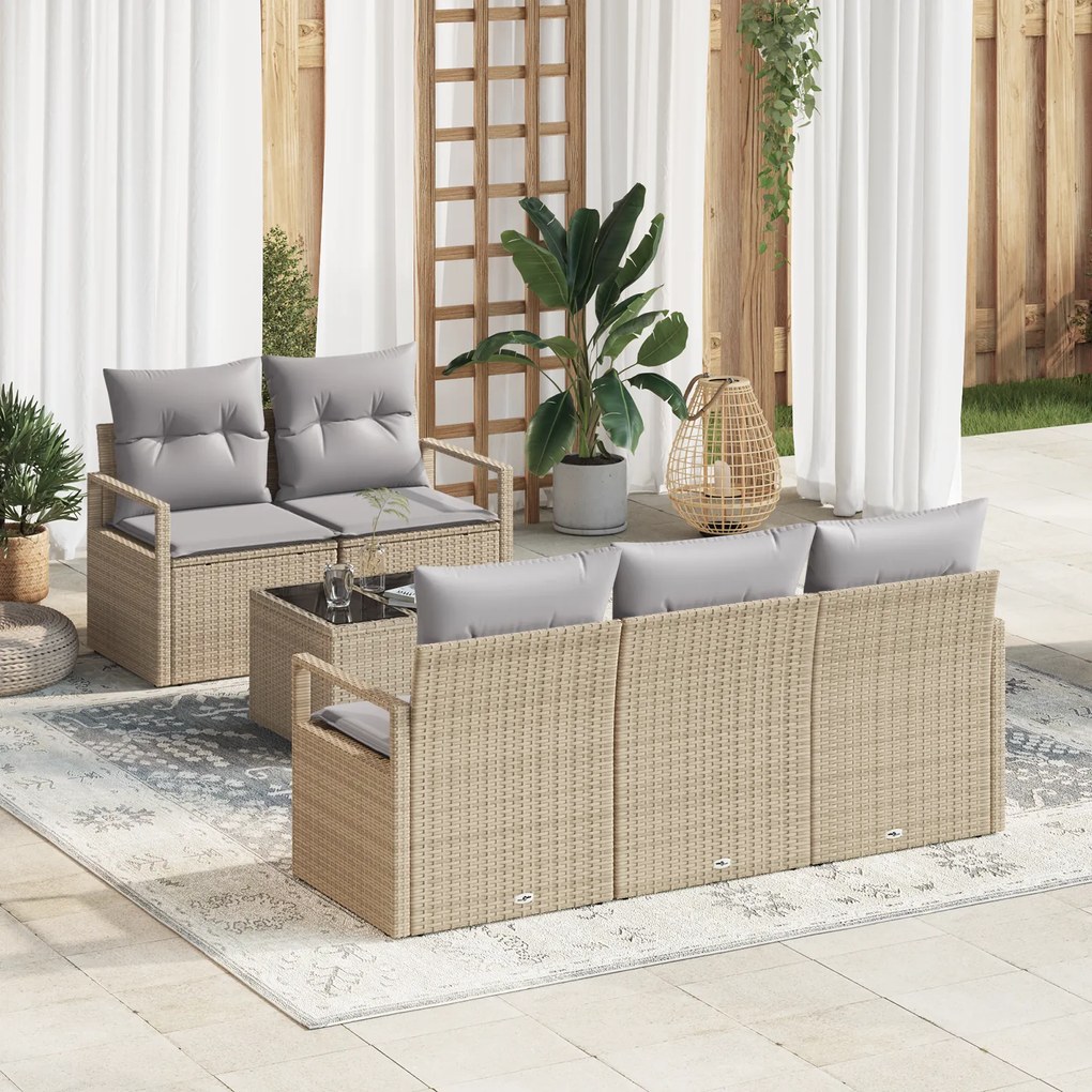 Conjunto de Sofá de Jardim com 6 Peças com Almofadas Bege Polirattan,