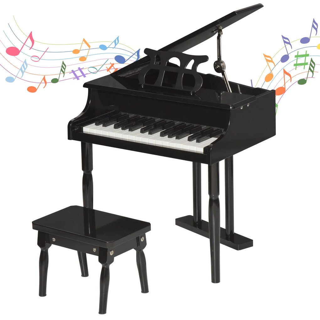 Mini piano infantil com banco 30 teclas com suporte para partitura 52x50x49 cm preto