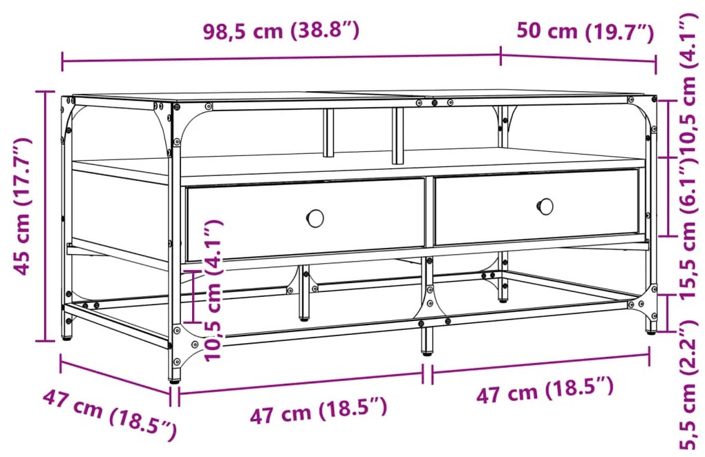 Mesa de centro c/topo de vidro 98,5x50x45cm carvalho sonoma aço