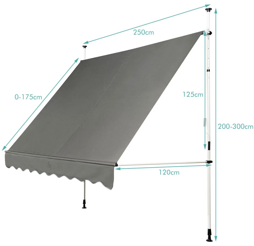 Toldo Telescópico e Retrátil 250 x 125 cm Resistente aos Raios UV Impermeável com Manivela Manual e Altura Ajustável para Janela Varanda Cinza