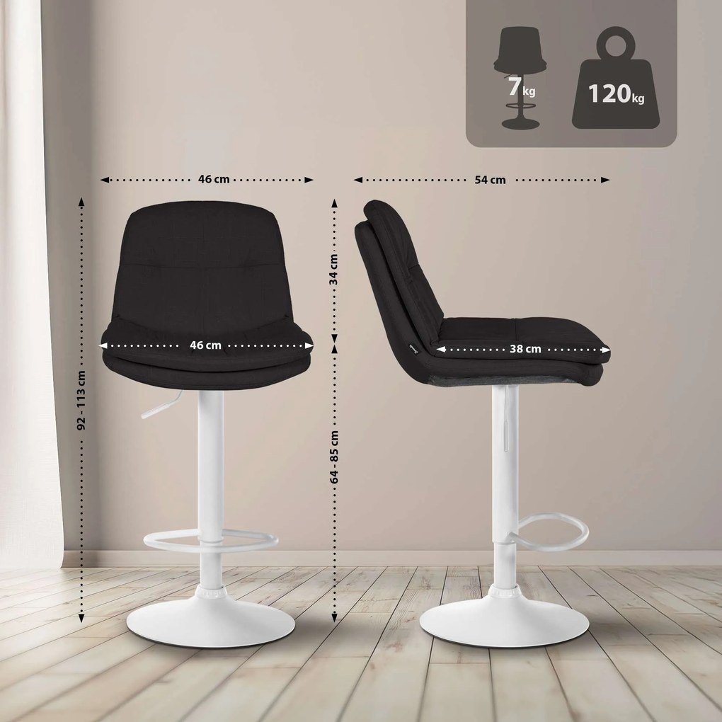 Banco de bar em tecido com estrutura branca 92-113 x 46 x 54 cm preto