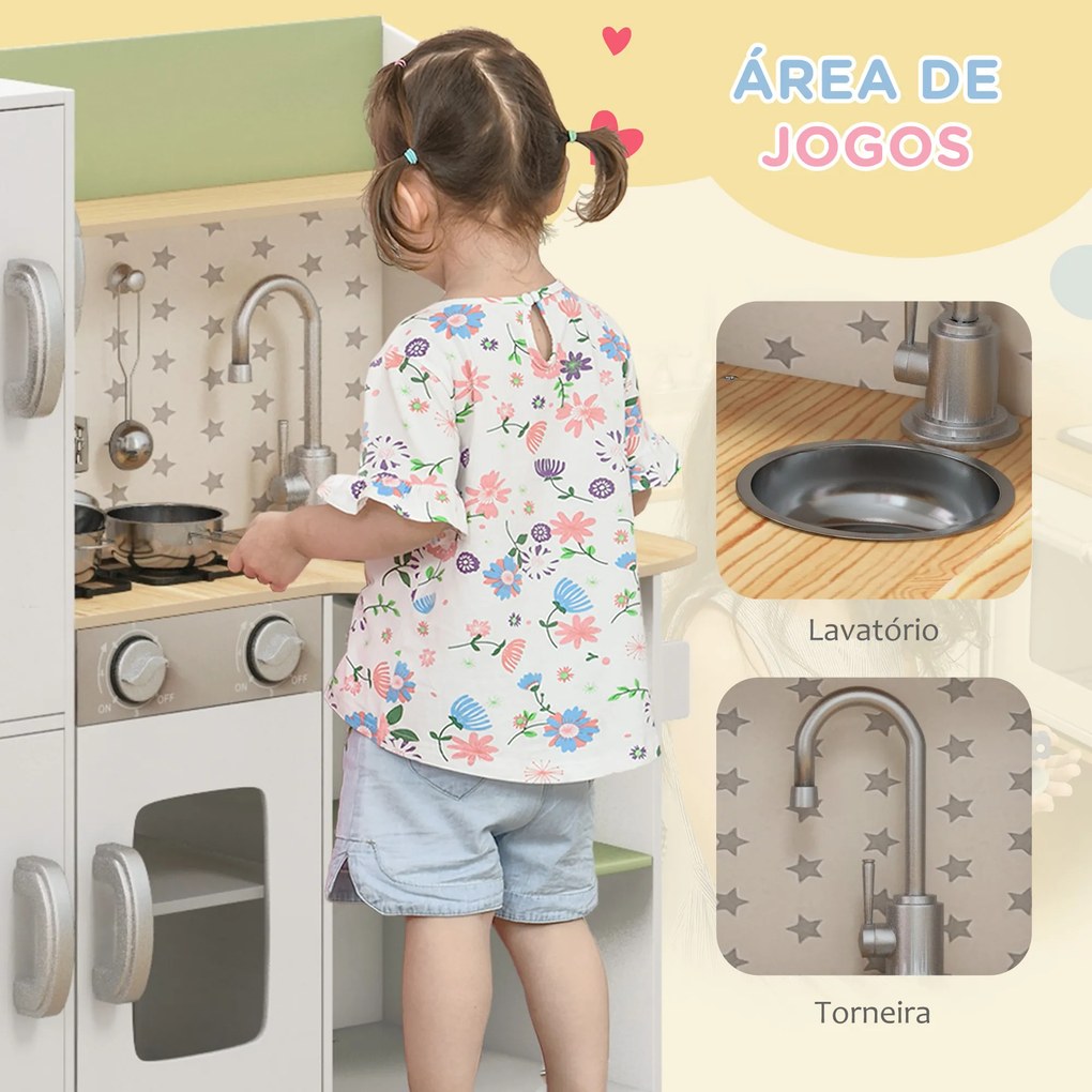 Cozinha de Madeira para Crianças com Máquina de Gelo Lavatório de Aço Inoxidável e Utensílios 84x34x89 cm Branco