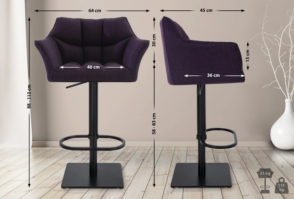 Banco de bar Damaso em tecido e com estrutura preta 64 x 88-113 x 45 cm Roxo