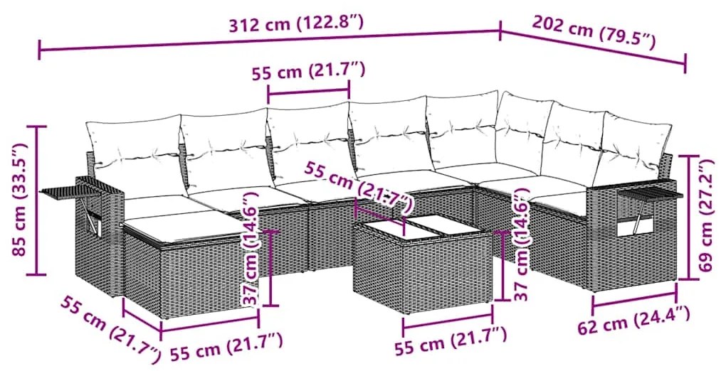 9 pcs conj. sofás jardim com almofadões vime PE cinzento-claro