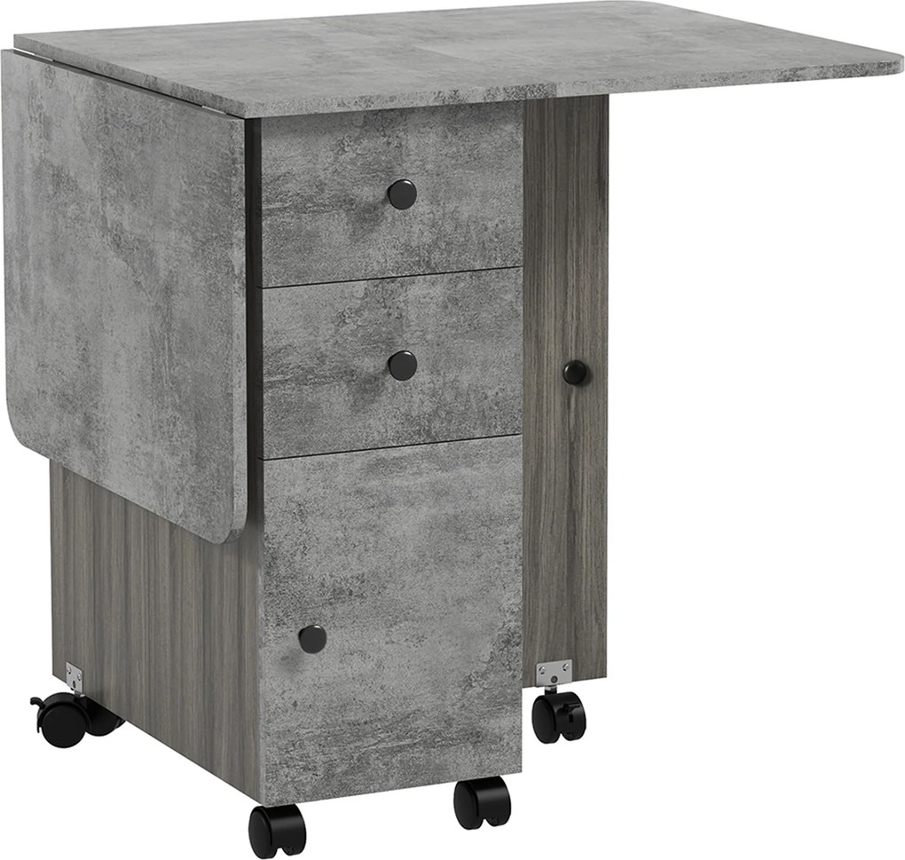 Mesa de Refeição Dobrável com Rodas 120x60x76,5 cm com 2 Gavetas e Armário Mesa Auxiliar Multifuncional Cinza