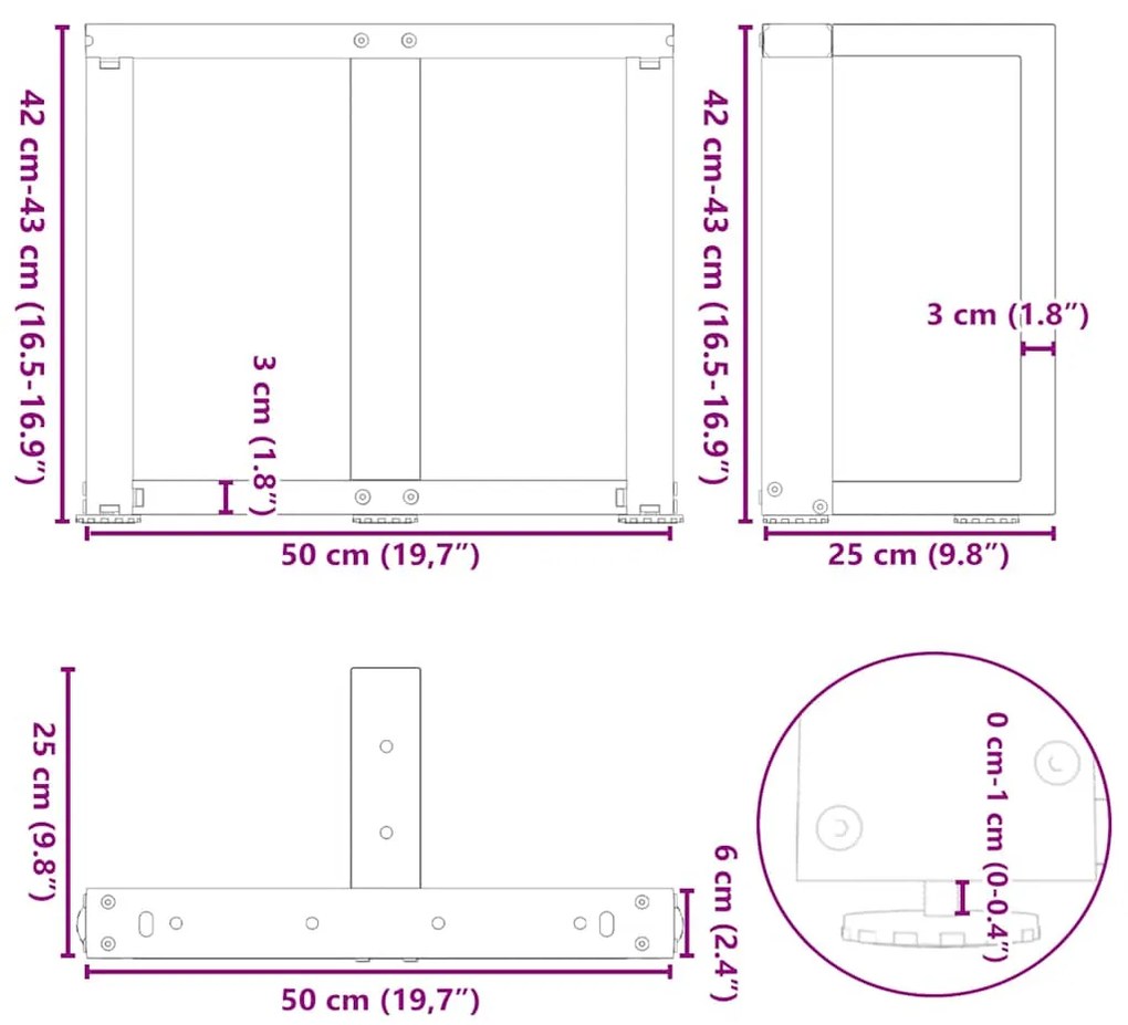 Pés para mesa de centro em forma de T, 2 peças, branco, 50x25x(42-43)