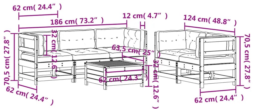 6 pcs conj. lounge jardim c/ almofadões madeira douglas maciça