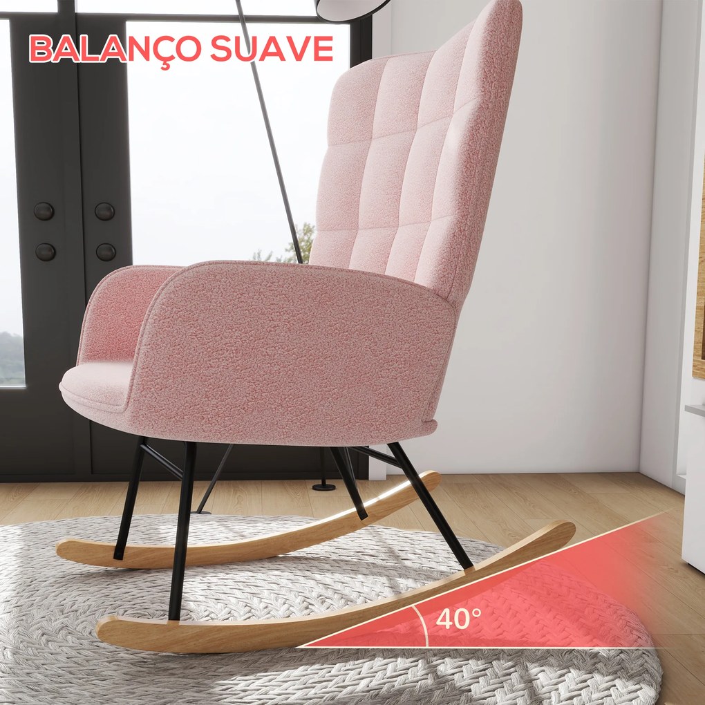 Cadeira Baloiço em Borrego com Oscilação de 40° Pés de Madeira de Faia e Estrutura de Aço 71x92x101 cm Rosa