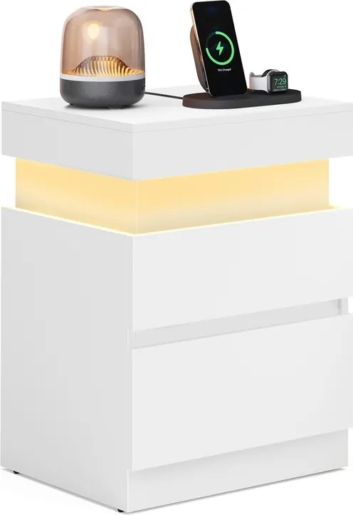 Mesa de cabeceira 35 x 40 x 55 cm com tomadas e iluminação LED Coleção Kailyn branca