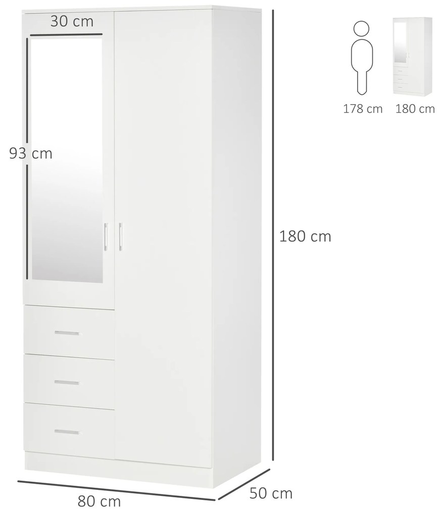 Armário Roupeiro de 2 Portas com Espelho 3 Gavetas Prateleiras Ajustáveis e Barra para Pendurar Incluida Roupeiro para Dormitório 80x50x180cm Branco