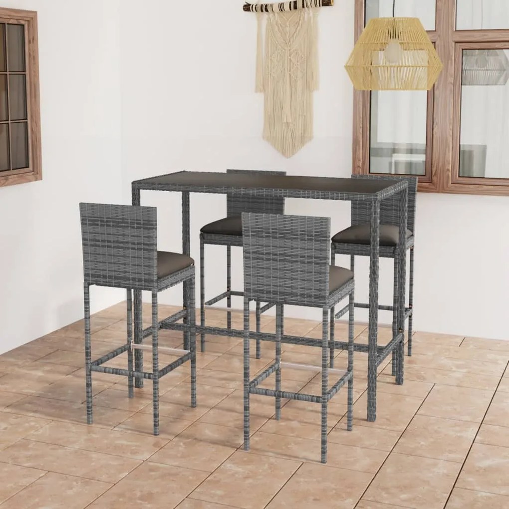vidaXL 5 pcs conjunto de bar p/ jardim c/ almofadões vime PE cinzento