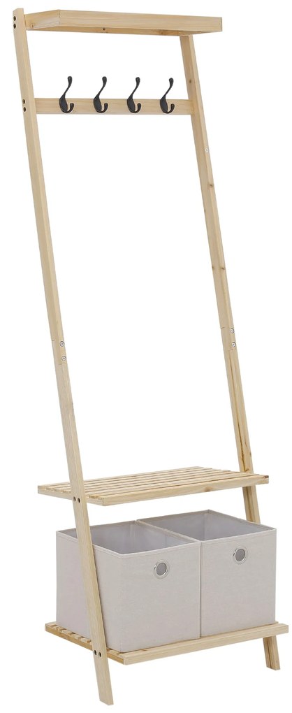 HOMCOM Suporte para Cabides de Madeira Cabideiro com Prateleiras 2 Gavetas de Tecido e 4 Ganchos para Pendurar Roupas Bolsas para Entrada Dormitório 55x37x173cm Madeira