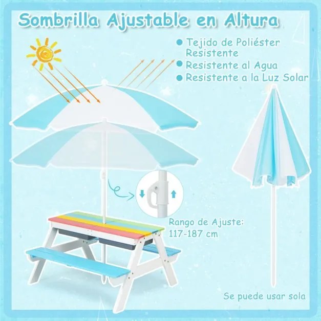 Mesa de piquenique para crianças 3 em 1 com guarda-sol removível e altura ajustável de 117-187 cm para jardim Multicolorido