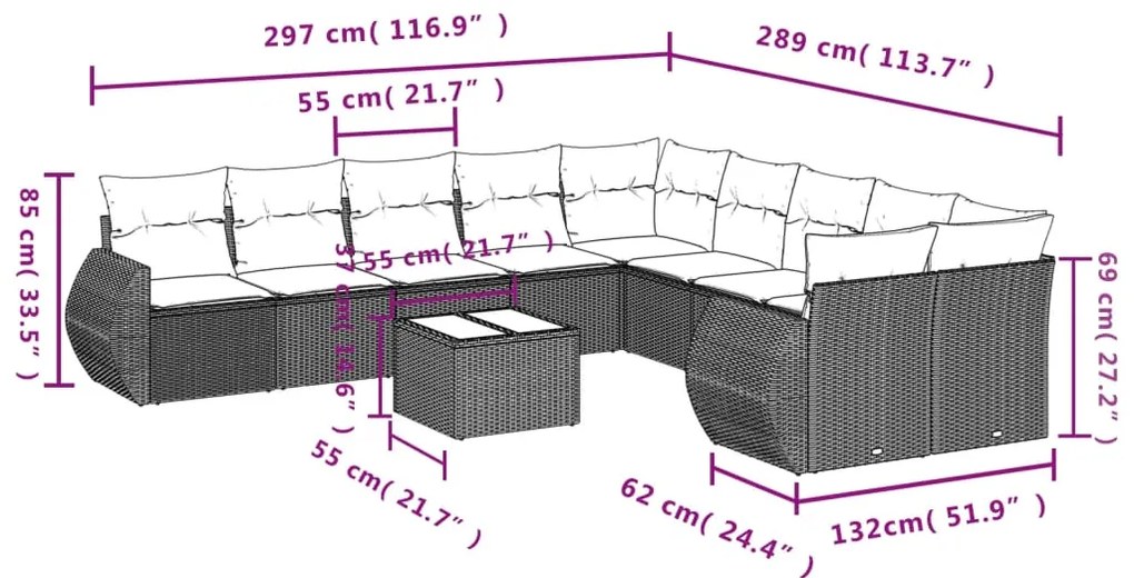 11 pcs conjunto sofás de jardim c/ almofadões vime PE castanho