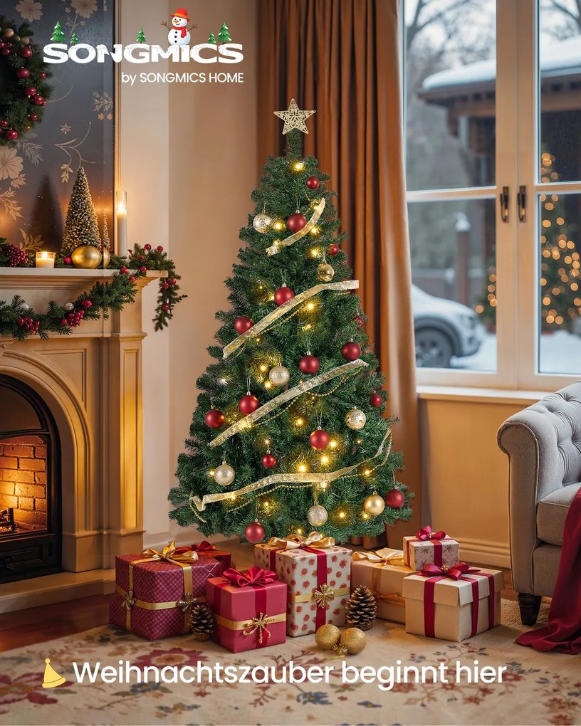 Árvore de Natal artificial 150 cm de altura com iluminação com (PACOTE BOLAS VERMELHAS) e com suporte metálico Verde