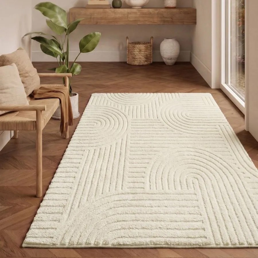 Tapete sala, quarto 3D 170 x 120 cm, lavável na máquina e antiderrapante branco creme