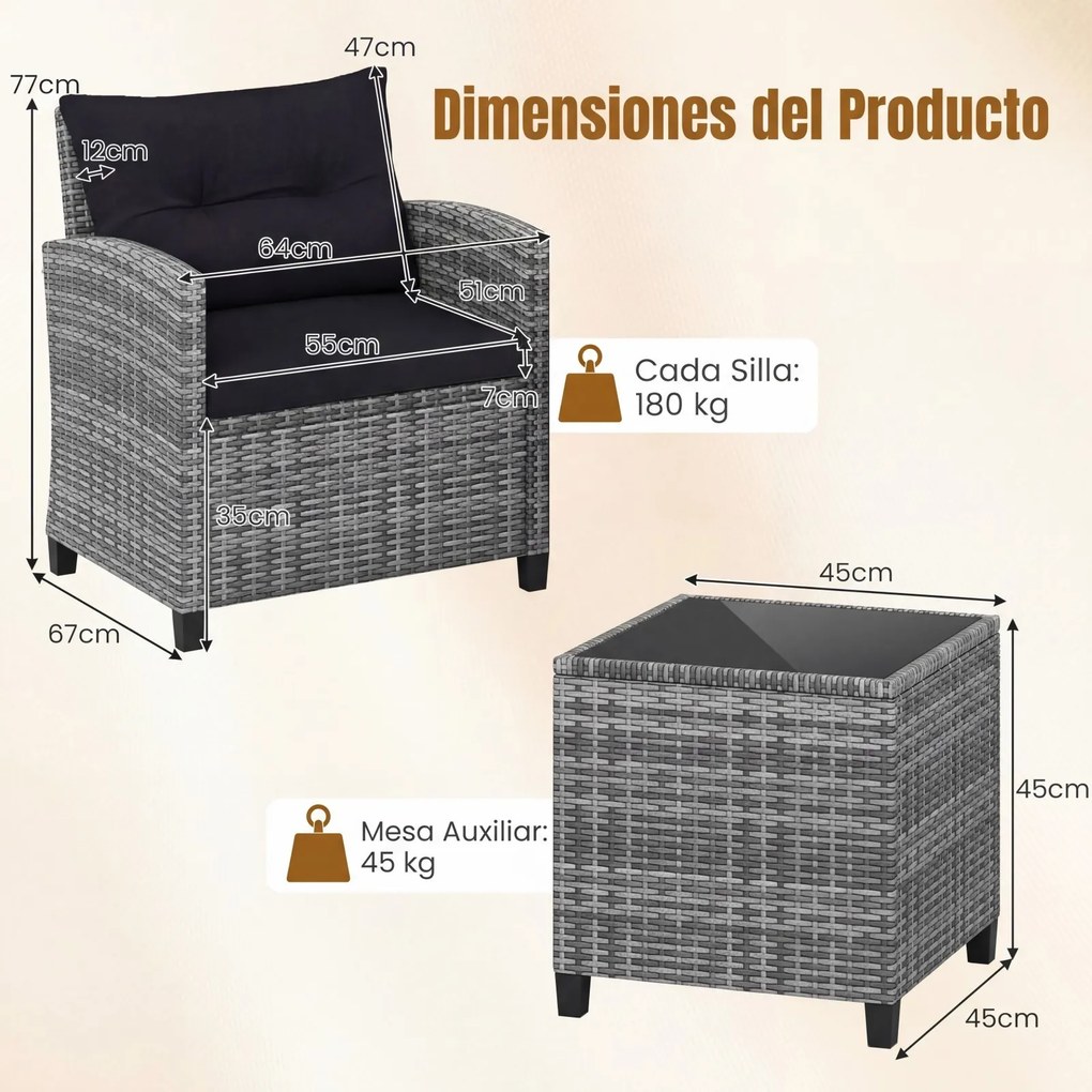 Conjunto de jardim de 3 peças, composto por cadeiras de rattan e mesa com tampo de vidro temperado para pátio, rattan em mistura de cinzento com almof