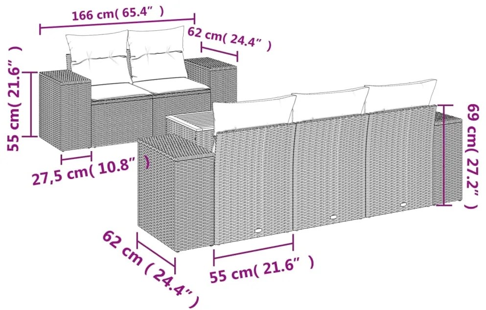 6 pcs conjunto sofás de jardim com almofadões vime cinzento