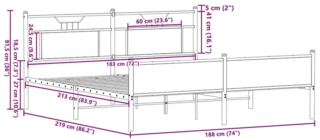Estrutura de cama sem colchão 183x213cm metal carvalho sonoma