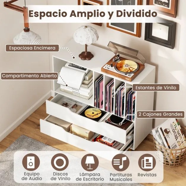 Suporte para gira-discos e para discos de vinil 91 x 36 x 87 cm com compartimento aberto 4 prateleiras e 2 gavetas e pés de metal branco