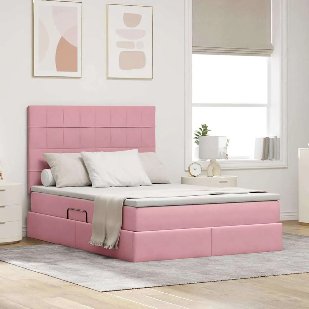 vidaXL Cama com arrumação e LED com colchão Rosa 140 x 200 cm Veludo