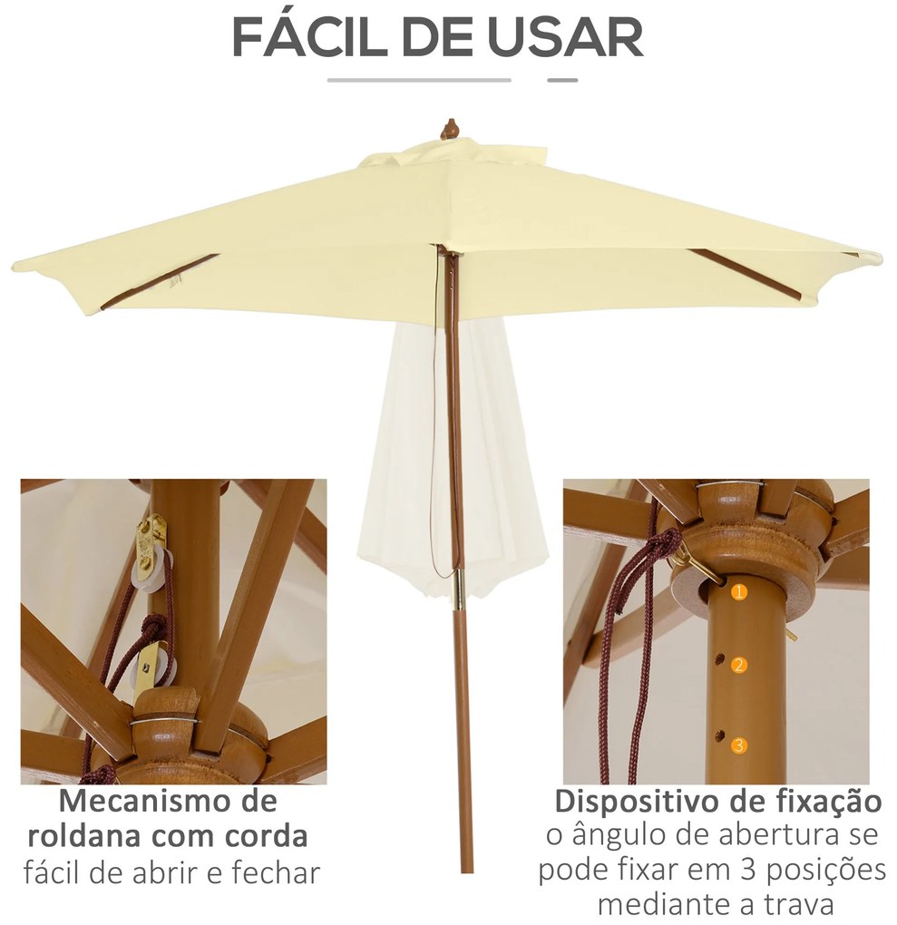 Chapéu de Sol Ø250x225cm Chapéu de Sol com Mastro de Madeira com 6 Has