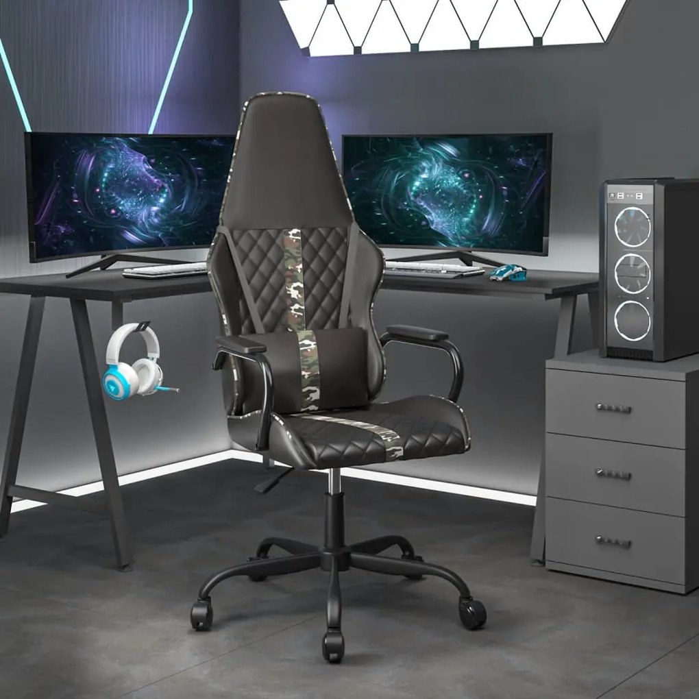 347630 vidaXL Cadeira gaming massagens couro artificial preto e camuflagem