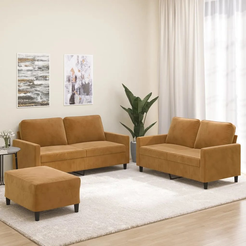 vidaXL 3 pcs conjunto de sofás com almofadões veludo castanho