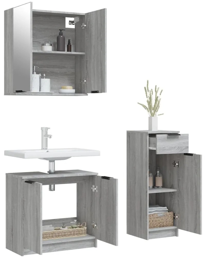3 pcs conjunto móveis WC derivados de madeira cinzento sonoma