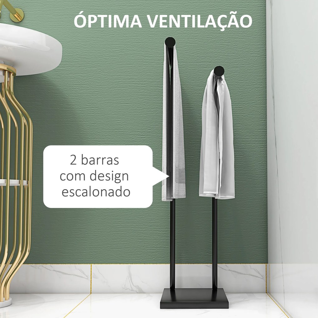 Toalheiro de Pé de 2 Níveis Toalheiro Casa de Banho com Estrutura de Metal Toalheiro em Forma de L 35,5x20x78 cm Preto