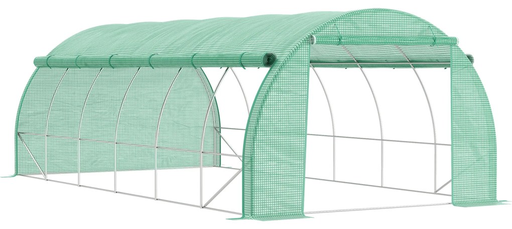 Outsunny Estufa de Túnel de Jardim 597x300x200 cm com Porta Lateriais e Janelas Enroláveis Cobertura de PE 140g/m² e Metal Galvanizado Verde