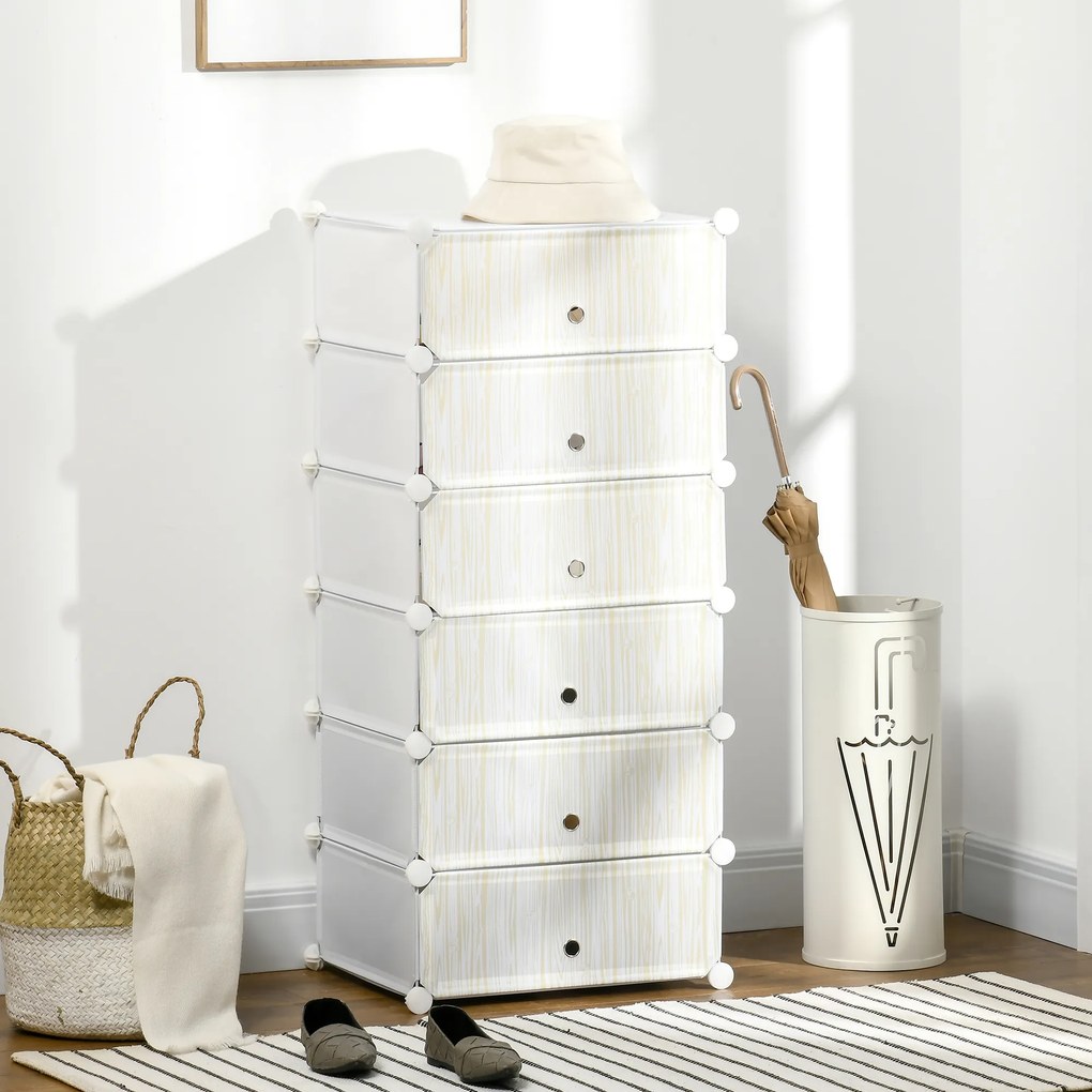 Armário modular para sapatos, móvel de arrumação com 6 cubos empilháveis em plástico, 49 x 36,5 x 108 cm, branco