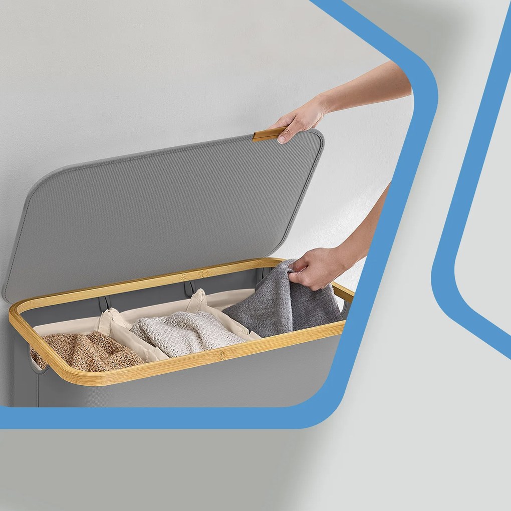 Cesto de bambu para roupa suja de 150 litros com 3 compartimentos 60 x 38,5 x 70,5 cm cinzento